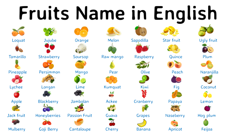 List of Fruits Vocabulary in English with Pictures