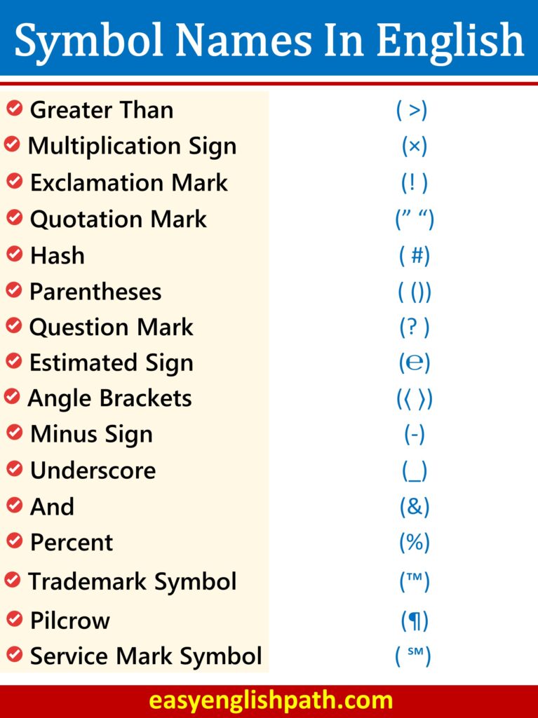 List of Symbols Names in English | Symbols Vocabulary