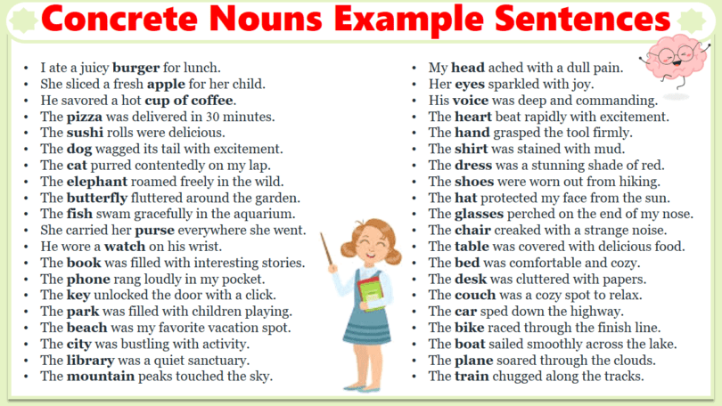 100 Concrete Nouns Example Sentences in English