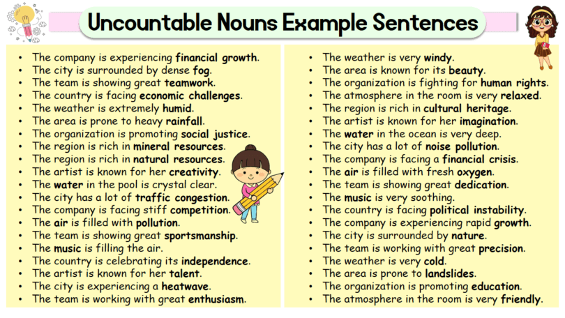 100 Uncountable Nouns Example Sentences in Grammar